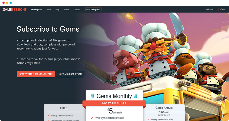 Screenshot of the Gamesessions subscription page